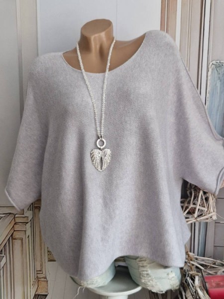 Kurzarm Pullover Feinstrick Tunika grau Oversized 38-42 Pulli Made in Italy NEU