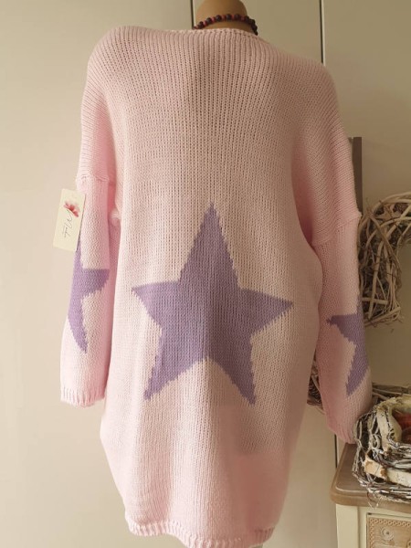 Made in Italy 38-44 rosa mit lila Sternen Oversized Pullover Long Pulli Vokuhila
