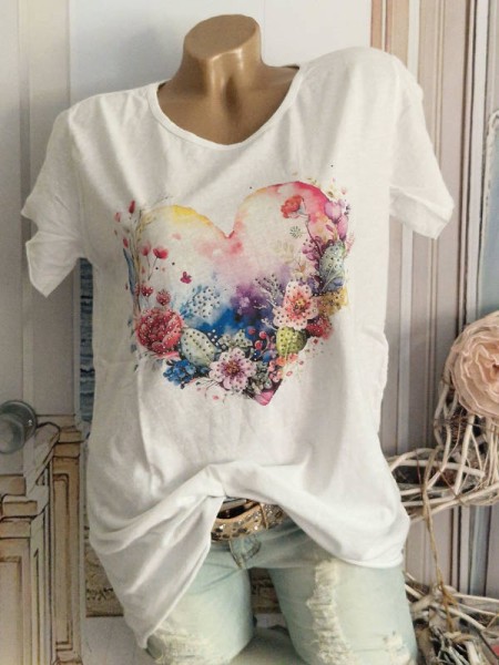 T-Shirt Shirt 36 38 40 42 Romantik Blumen Herz Italy Nieten NEU weiss
