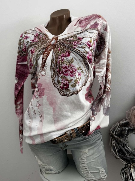 Pullover MISSY L/XL 40 42 Hoodie Pulli Kapuzenpulli rosa weiss grau Schmetterling Neu Feinstrick