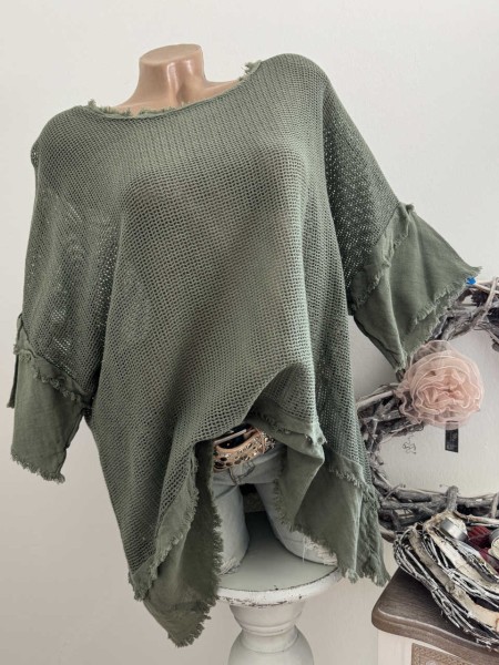 Tunika Shirt Säume gewollt franselig oliv grün Made in Italy 40-44 NEU