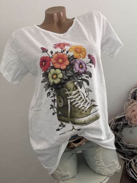 T-Shirt Shirt Sneakers mit Blumen 36 38 40 42 Italy Nieten NEU weiss