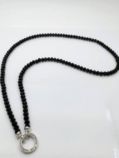 lang (40cm) VARIO Kristallperlen Kette Halskette SCHWARZ Ring zum Öffnen Strass Steinchen Neu