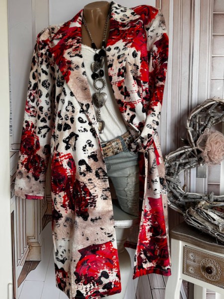 MISSY Blazer Longblazer Kurzmantel Gehrock 38 40 Leo Rosenprint Leoprint Glitzernieten