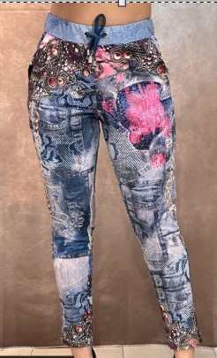 Hose L 40 Joggpants MISSY Jeansoptik rosa pink Ketten Graffiti Print Glitzernieten Neu