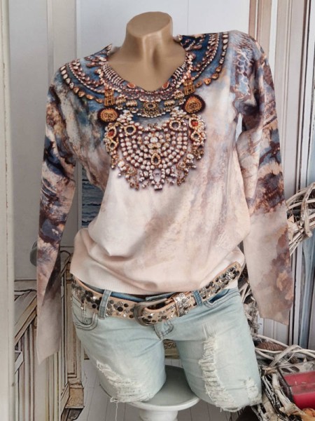 Pullover V-Neck MISSY Pulli NEU S/M 36 38 Feinstrickblau weiss blau Kettchen Print Glitzer Nieten