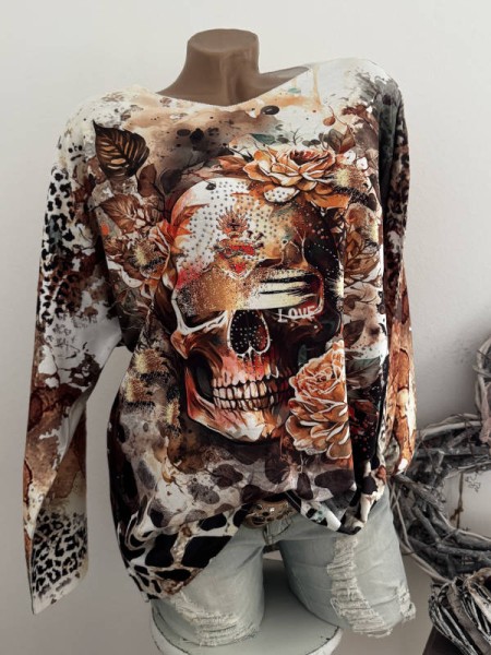 Longsleeve Feinstrick Tunika Skull Floral Blätter bunt 40-44 Made in Italy