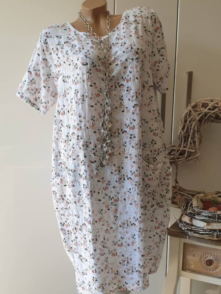 Kleid Made in Italy Tunika Musselin Baumwolle weiss mit Blümchen Onesize 38-44
