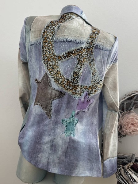 MISSY L 40 Jackett Blazer Neue Kollektion Patchwork Destroyed Peacezeichen Print Glitzer Nieten