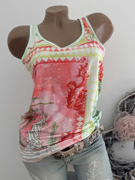 Top Longtop MISSY S 36 Trägertop Antiker Print gemustert Glitzer Steinchen Nieten Neu