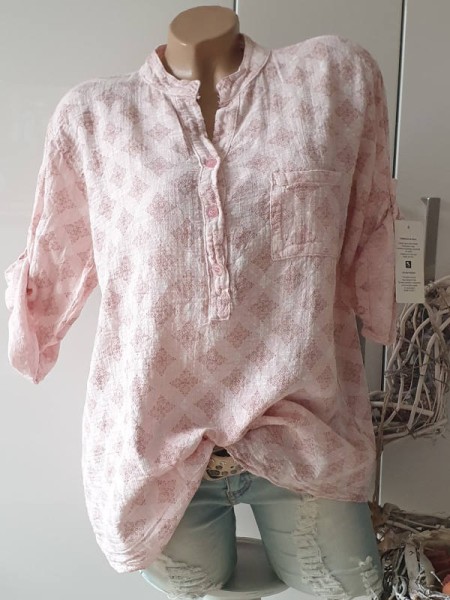 Bluse 38 40 42 Tunika rosa gemustert Fischerhemd Leinenoptik Hemdbluse Italy Baumwolle