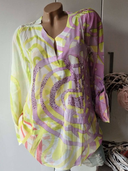 L 40 MISSY Tunika hinten Spitze Bluse Glitzer Steinchen lila flieder neon grün gelb pink weiss Chiff