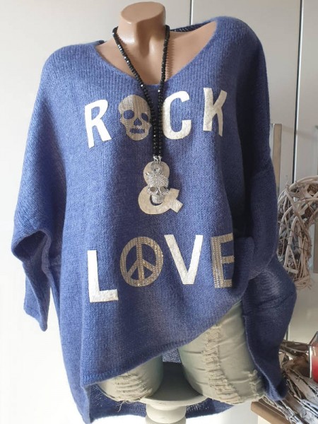 38 40 42 44 46 oversized jeansblau Pullover long Pulli vokuhila "Rock und Love"