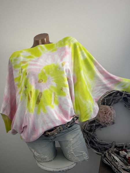 MISSY Feinstrick Fledermauspulli Pullover limone grün rosa weiss aquarell Glitzernieten Onesize 38-4