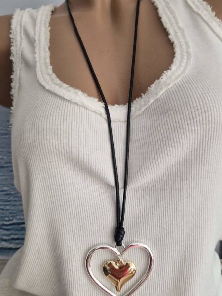 lange Halskette Kette Doppel Herzanhänger Schmuck Herzkette