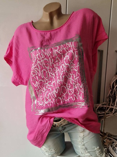 Kurzarm Tunika pink Shirt Made in Italy 38-42 NEU silberprint Pailetten Aufbügler Spitze
