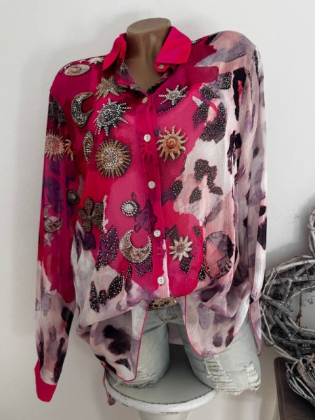 Hemdbluse MISSY L 40 Glitzer Langarm Bluse NEU pink Leo Broschenprint Print Tunika