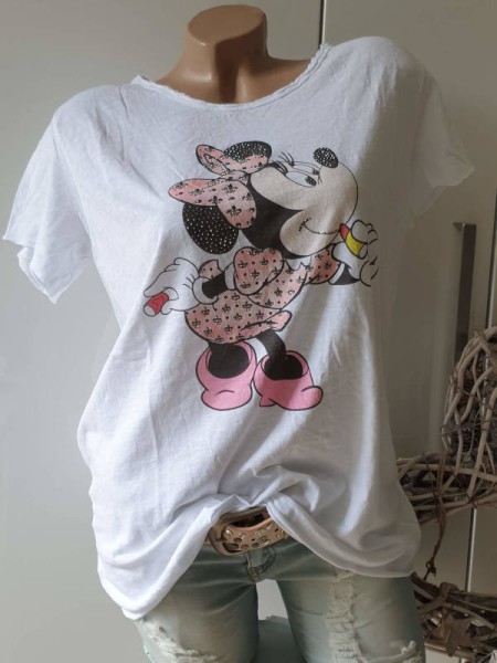 T-Shirt ITALY Onesize Mouse Print Baumwolle Tunika weiss Glitzer Nieten 36-40/42