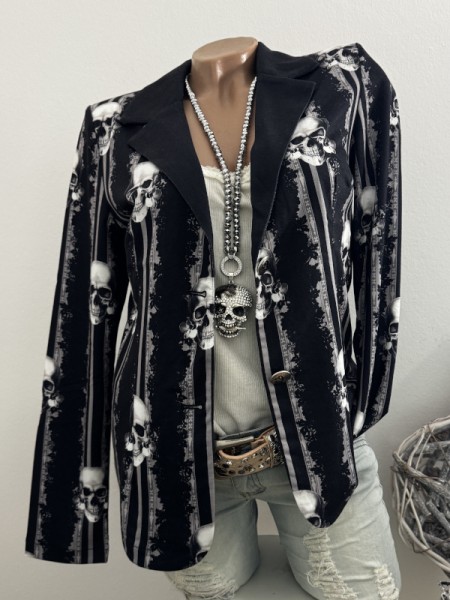 Blazer MISSY XXL 44 Jackett schwarz weiss kleine Totenköpfe Skull Motive Glitzer Nieten Neu