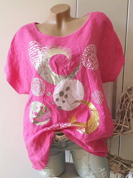 pink Tunika 40 42 44 NEU Bluse Metallicprint Oversized vorne Leinenmaterial Italienische Mode