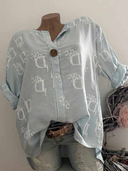 Bluse Tunika Baumwolle grosser Knopf zart blau gemustert 38-42 Made in Italy NEU