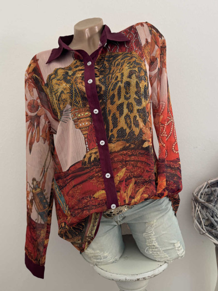Bluse MISSY Hemdbluse M 38 Leopard Bordeaux Erdtöne Leo Neu Glitzer Steinchen