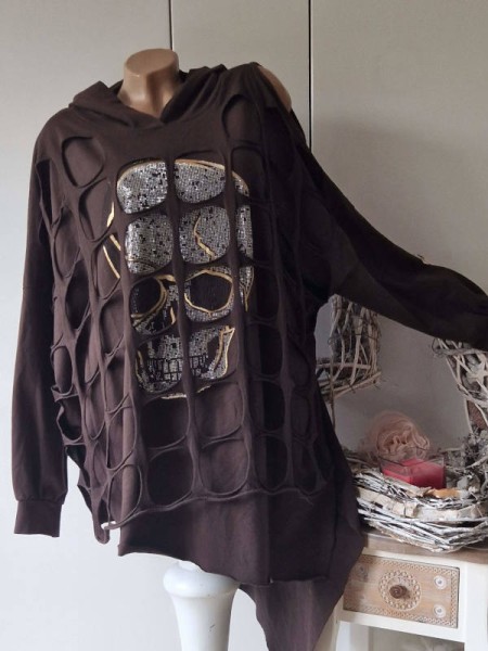 Sweat Longsleeve Tunika 40-44 cut outs Glitzer Skull Kapuze Made in Italy braun Zipfelig