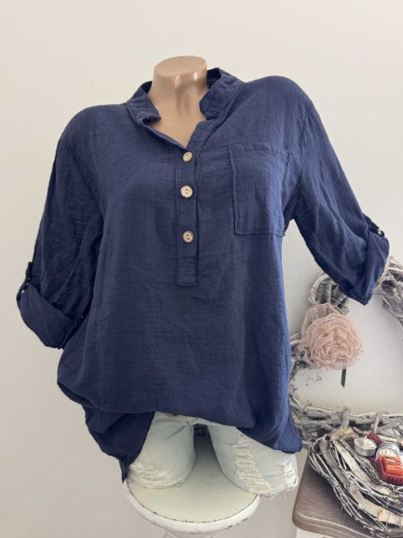 dunkelblau Made in Italy Tunika Bluse Hemdbluse 38-44 Musselin Leinenoptik