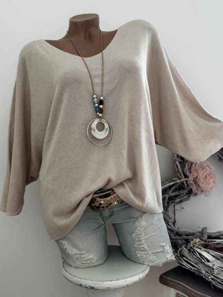 beige Tunika Glattstrick Pullover Oversized Italy 38-42 Fledermausarm 1/2 Arm
