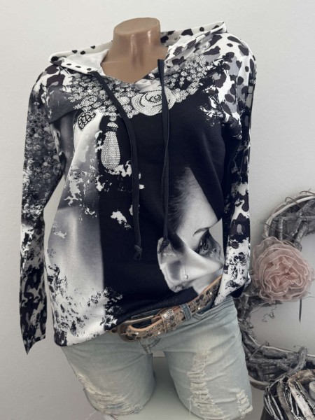 Leichter Pullover Kapuzenpulli MISSY S/M 36 38 Hoodie Pulli schwarz weiss Neu Feinstrick