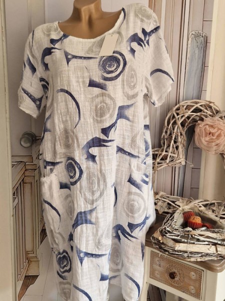 Kleid Kurzarm Made in Italy long Tunika weiss gemustert Taschen 40-44