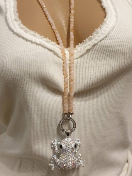 lange roséfarbene Glitzer Glasperlen Halskette Kette Frosch Anhänger viel Glitzer Strass Steinchen