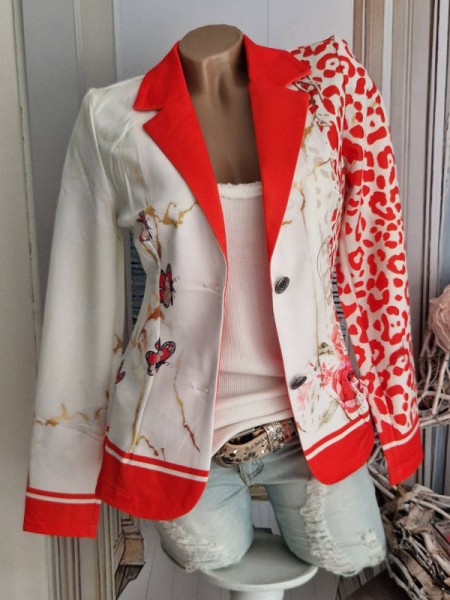 XXL 44 Blazer MISSY Kurzblazer weiss corallenrot goldtöne Schriftzug hinten Schmetterlinge Glitzer N