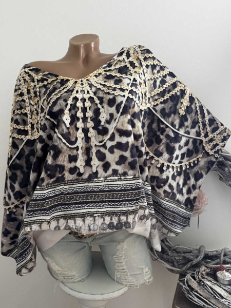 MISSY Feinstrick Tunika Fledermausarm 38-44 Leo Ketten Anhänger Print bunt gemustert Neu Glitzer Nie