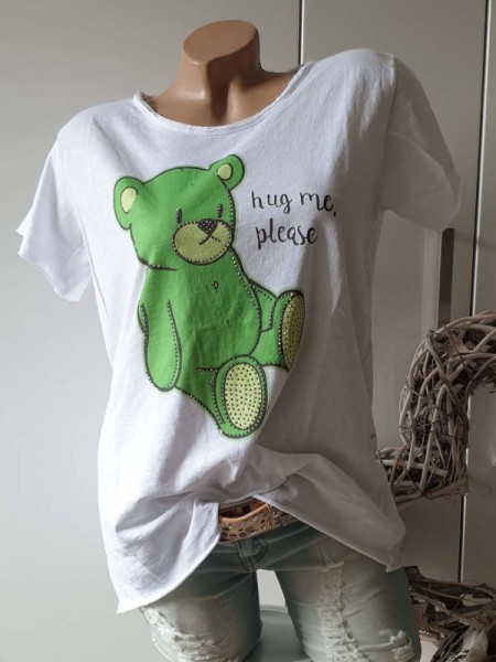 T-Shirt Shirt grüner Teddybär 38 40 42 Tunika Italy Neu Glitzer Nieten unfinished