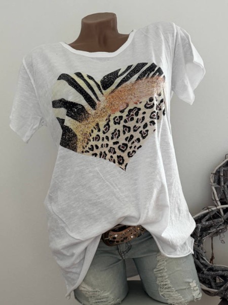 T-Shirt Shirt weiss Animalprint Herz 36 38 40 42 Italy Nieten NEU