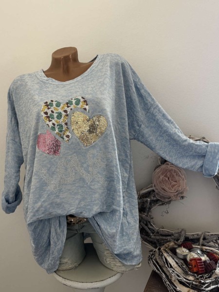 Langarmshirt Pailetten Herzen blau Tunika NEU 40-44 Made in Italy