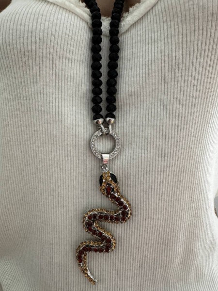 VARIO Halskette lang schwarze Kristallperlen Kette mit Strass Glitzer "SCHLANGE " Anhänger Neu