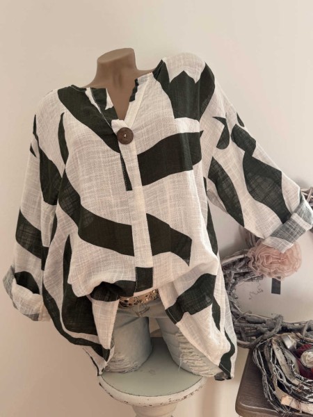 Oversized Bluse Tunika Baumwolle grosser Knopf weiss/khaki gemustert 40-46 Made in Italy NEU