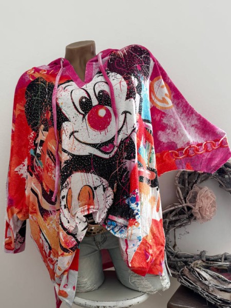 MISSY Tunika 38-46 Tunnelzug Kapuze Mouse Print Graffiti bunt Neu Glitzernieten