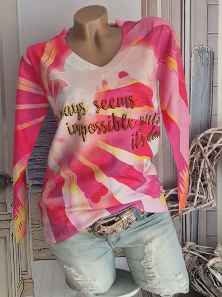 Lebensmotto Pulli L/XL 40 42 Pullover Feinstrick V-Neck MISSY "It always seems impossible until it's