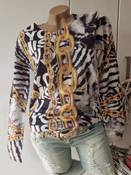 MISSY Pullover V-Neck Feinstrickpullover L/XL 40 42 Ketten Letterprint Animal Motiv Neu Glitzer Stra