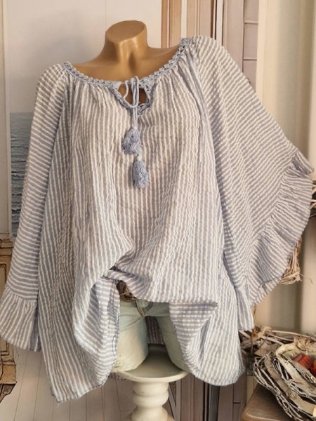 Tunika Bluse hellblau weiss zart gestreift Baumwolle weite Ärmel 38-48 Made in Italy