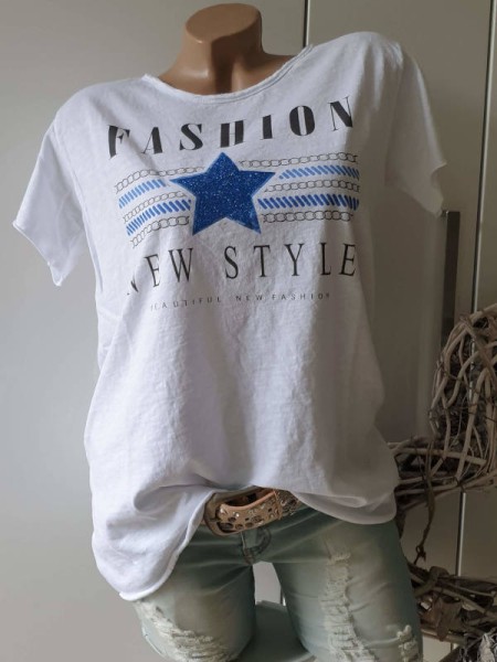 Onesize T-Shirt Tunika Glitzer Metallic Stern Print Baumwolle weiss Glitzernieten ITALY 36-40/42