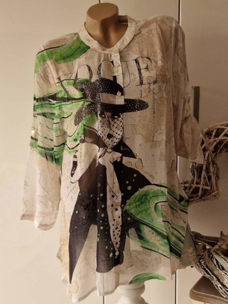 S/M 36 38 MISSY Bluse Fashion Print kragenlose Tunika Hemdbluse zum knöpfen NEU