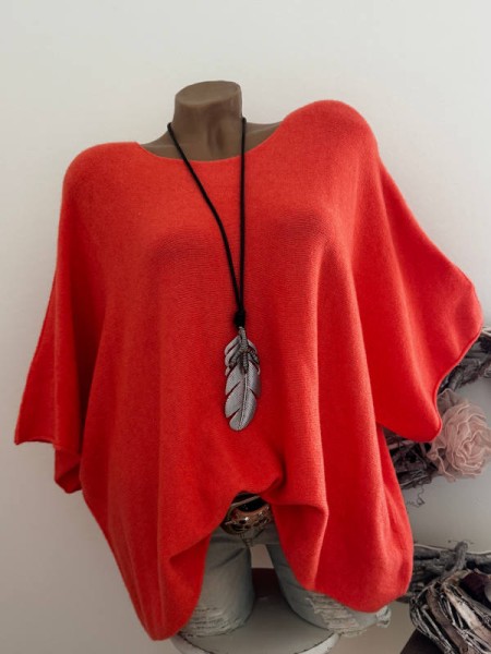 Kurzarm Oversized Pullover orangerot Feinstrick Tunika 38-44 Pulli Made in Italy NEU