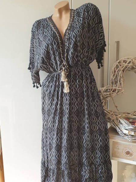 Empirekleid Made in Italy Hängerchen Kleid Troddeln Bommeln Onesize 36-40 schwarz gemustert Tunika V
