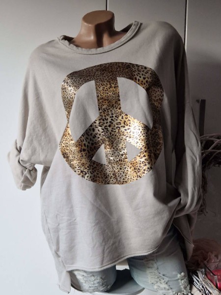 Sweatshirt Metallicprint taupe Onesize 38-44 innen flausch Vokuhila Made in Italy Longsleeve