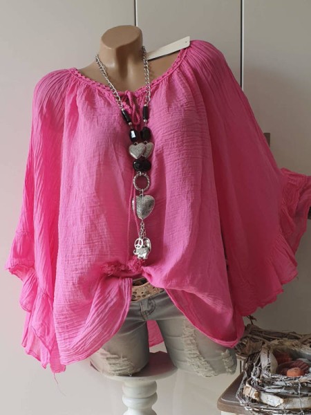 leichte Baumwolle Oversize Tunika Bluse pink Made in Italy weite Ärmel Bindebändchen 42-48