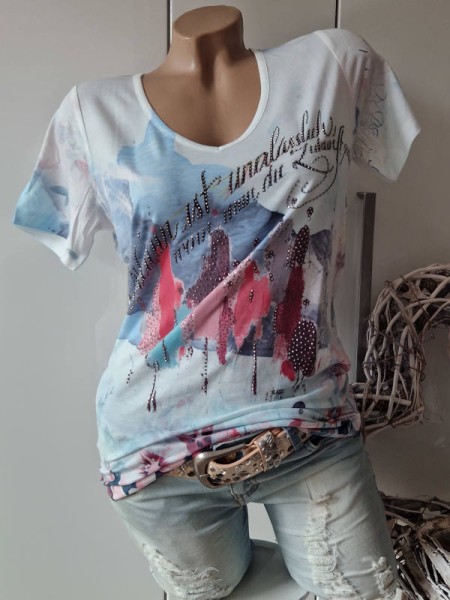 MISSY XL 42 T-Shirt V-Neck weiss Romantik Print Tunika Shirt NEU